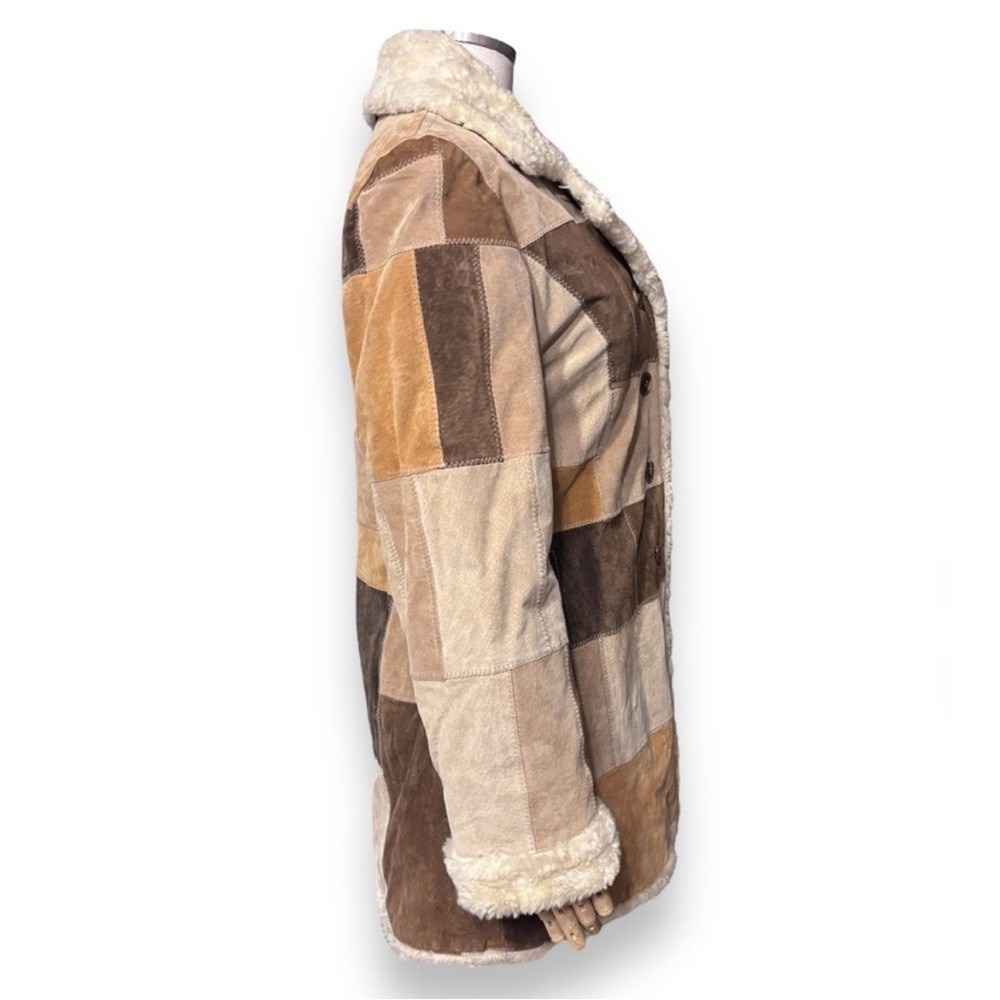 STATIC Patchwork Suede Leather Penny Lane Sherpa Coat Jacket Neutral Brown Tan M - Picture 3 of 8